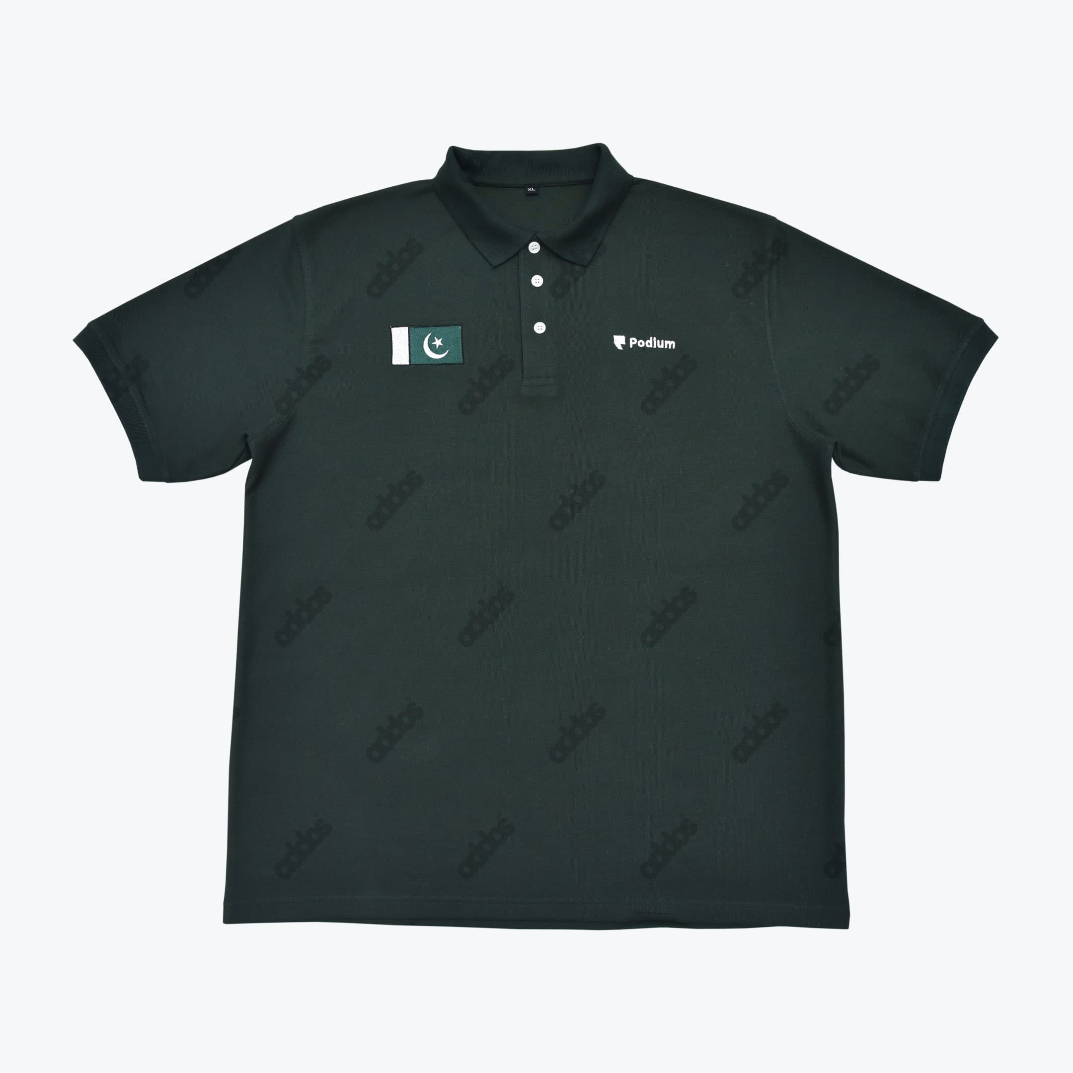 Dark Green Pakistan Polo Shirt with Podium Logo A dark green polo shirt displaying the Pakistan flag on the right chest, the Podium logo on the left chest, and a faint repeating adidas pattern throughout.