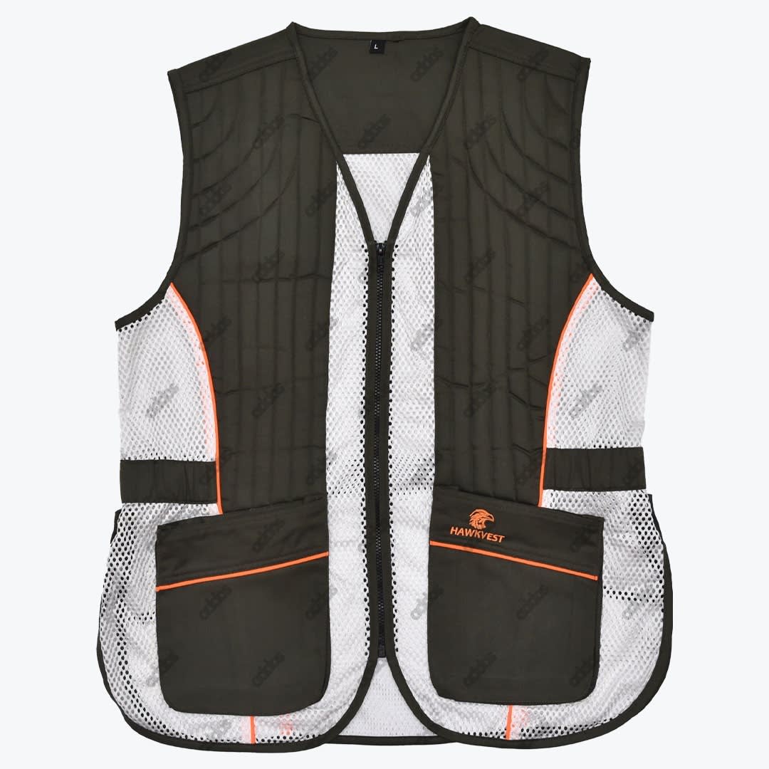 Hawkvest Mesh Shooting Vest in Dark Green and White Front view of a dark green and white mesh shooting vest with orange trim and a Hawkvest logo on the pocket.