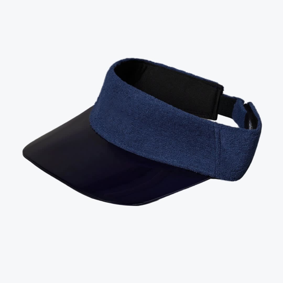 Navy Blue Terry Cloth Visor with Plastic Brim A navy blue sun visor with a textured fabric headband and a dark plastic brim, isolated on a white background.