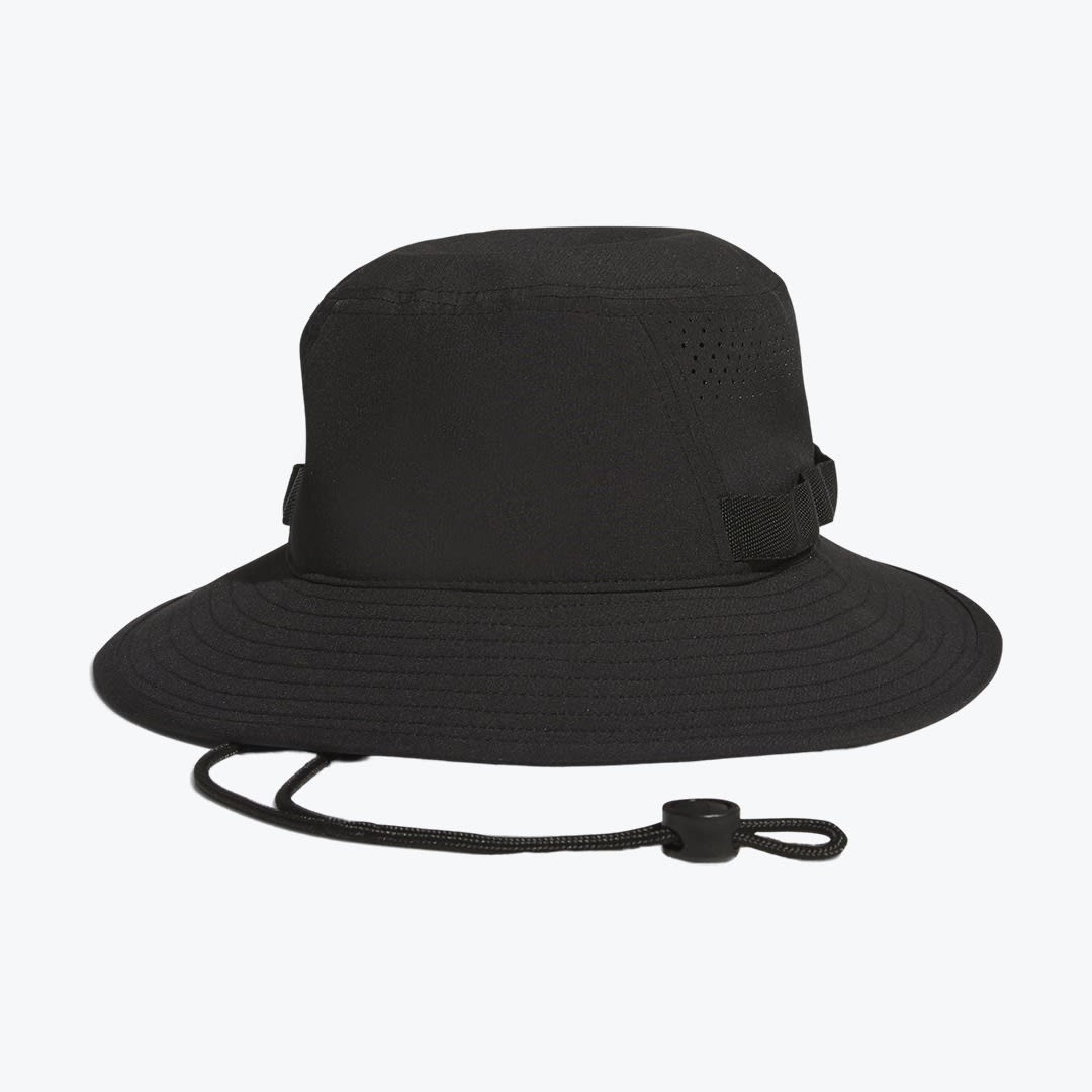 Black Outdoor Sun Bucket Hat with Chin Strap A black wide-brimmed bucket hat with an adjustable chin strap, set against a plain white background.