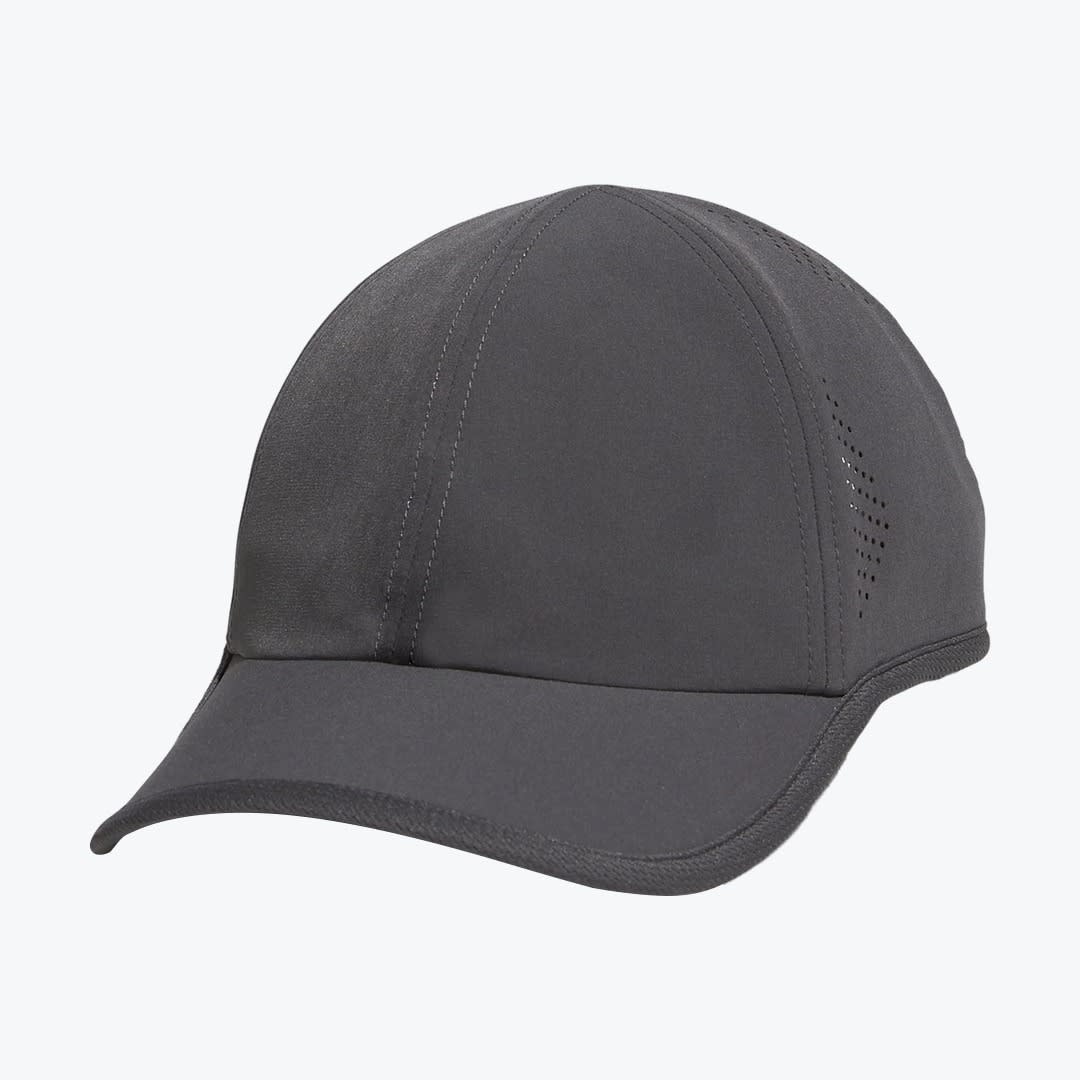 Dark Grey Athletic Baseball Cap A dark grey athletic baseball cap with a curved brim and perforated side panels, isolated on a white background.