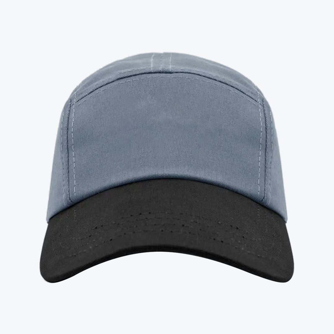 Two-Tone Grey and Black Baseball Cap A front-facing view of a two-tone baseball cap with a grey crown and a black curved brim against a white background.