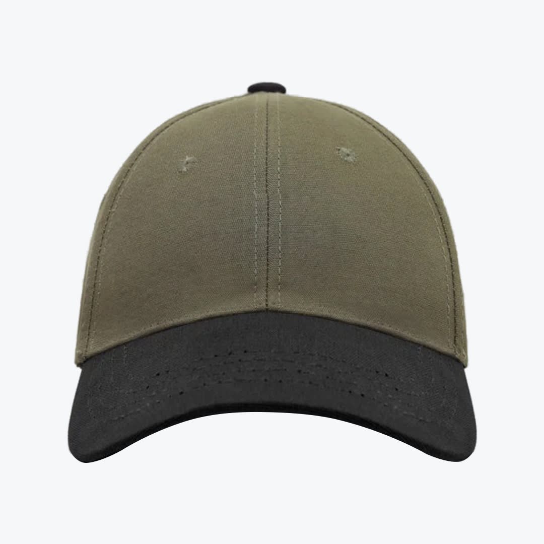 Two-Tone Olive Green and Black Baseball Cap Front view of a two-tone baseball cap with an olive green crown and a black curved visor on a white background.