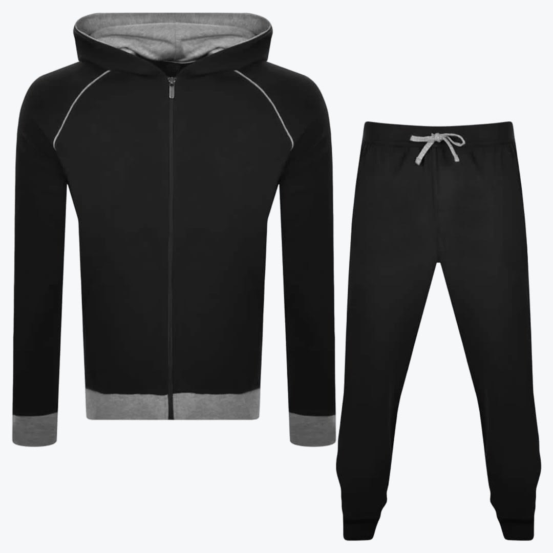 Mens Black and Grey Tracksuit Set A black and grey mens tracksuit set consisting of a zip-up hoodie and matching jogger pants displayed on a white background.
