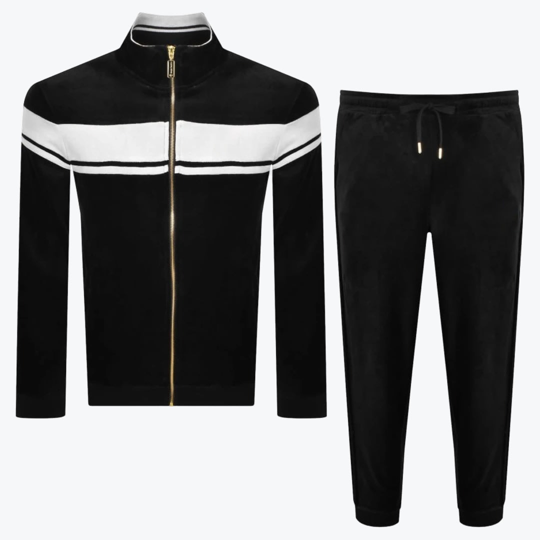 Mens Black and White Velour Tracksuit A two-piece mens black velour tracksuit consisting of a full-zip jacket with a white chest stripe and matching black jogger pants.