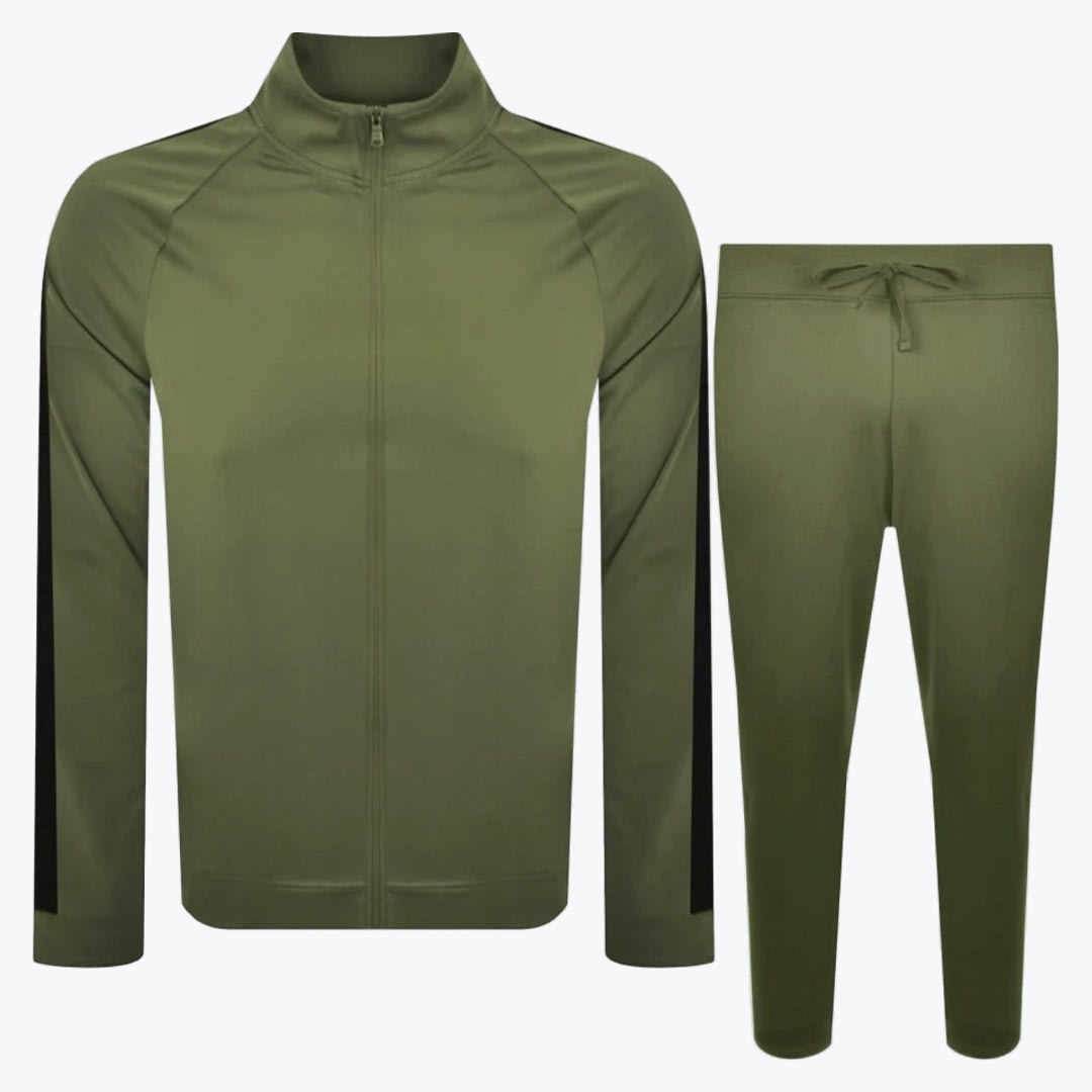 Olive Green Tracksuit Set with Black Stripe Details An olive green tracksuit set consisting of a full-zip jacket with black side stripes on the sleeves and matching drawstring joggers, displayed against a white background.
