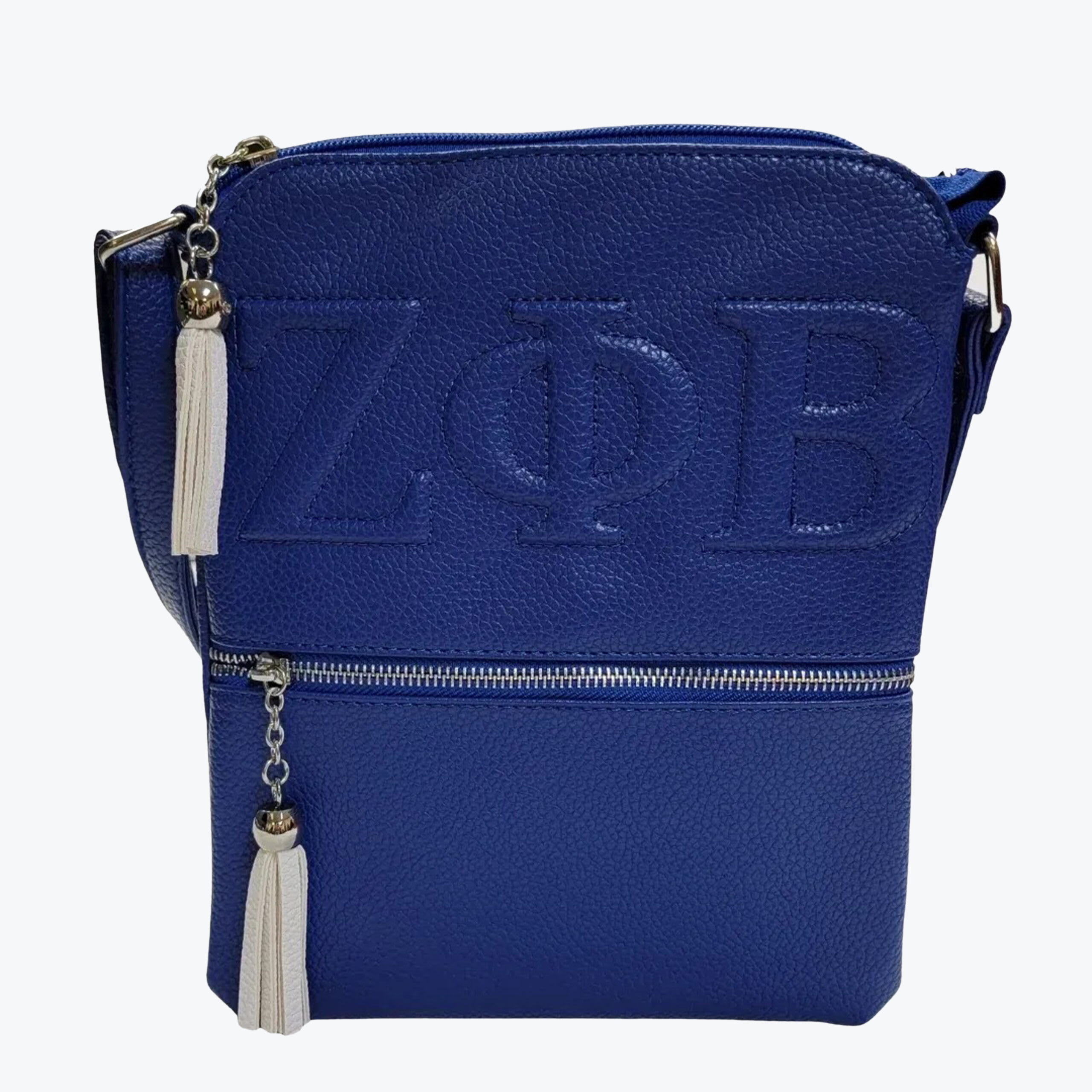 Zeta Phi Beta Royal Blue Crossbody Bag A royal blue pebbled leather crossbody bag with embossed Greek letters Zeta Phi Beta, featuring silver hardware and two hanging white tassels.