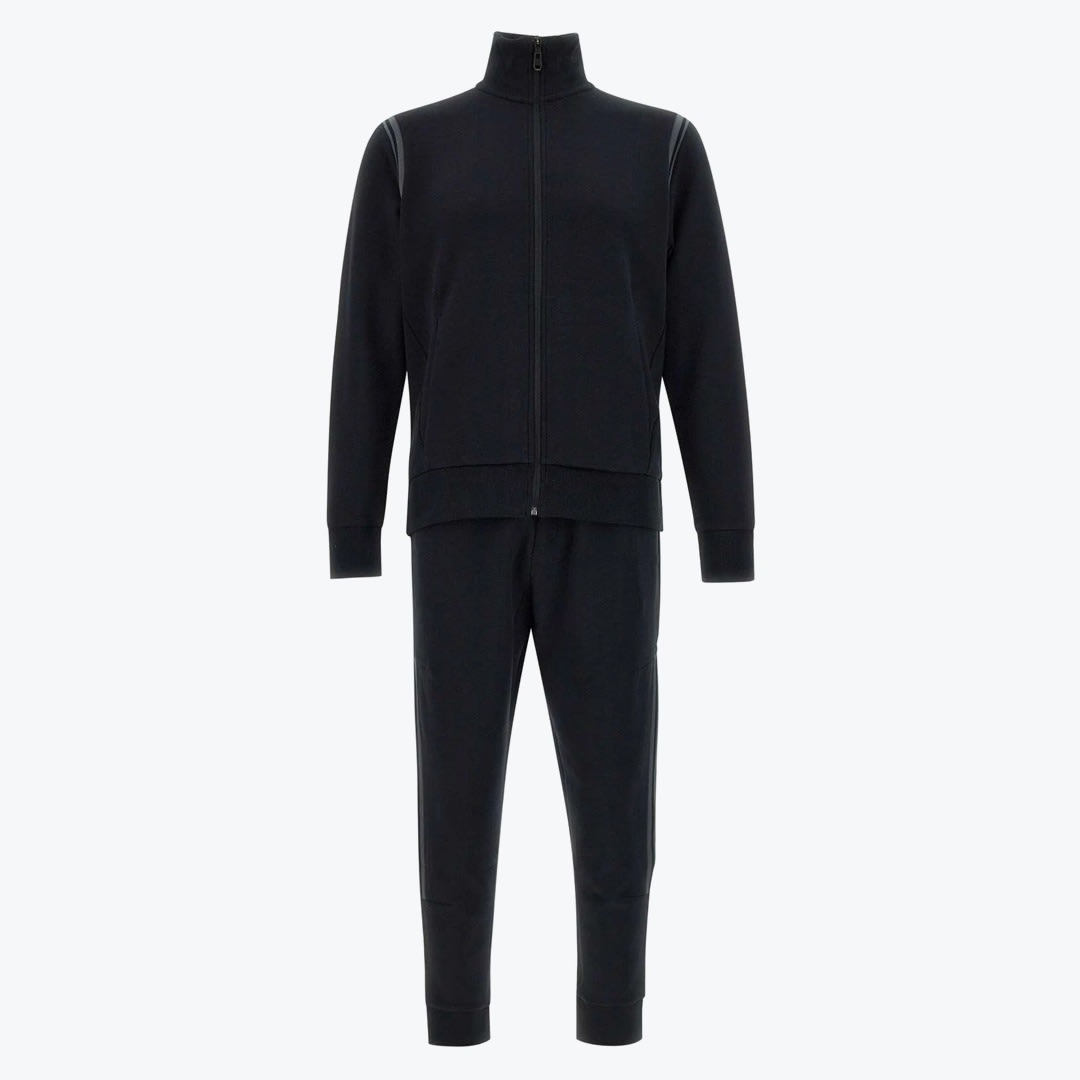 Mens Black Zip-Up Tracksuit A two-piece black tracksuit with a full-zip high-collar jacket and matching joggers on a white background.