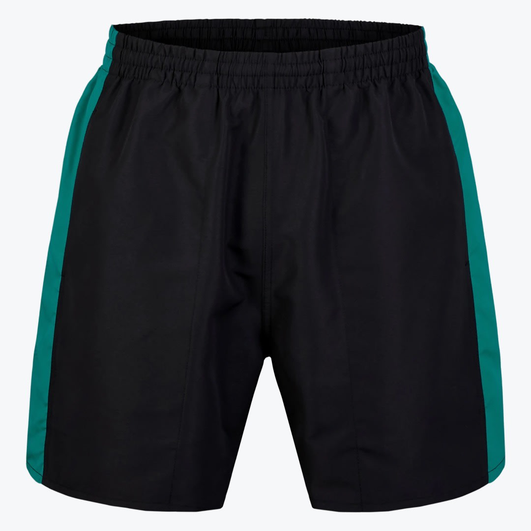 Black Athletic Shorts with Teal Side Stripes A pair of black athletic shorts with teal green side stripes and an elastic waistband, shown against a white background.