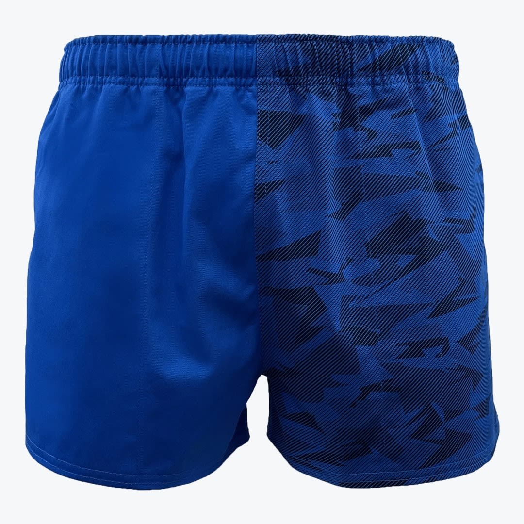 Blue Split-Design Athletic Shorts A pair of blue athletic shorts with a split design, showing solid royal blue on the left leg and a dark blue patterned design on the right leg.