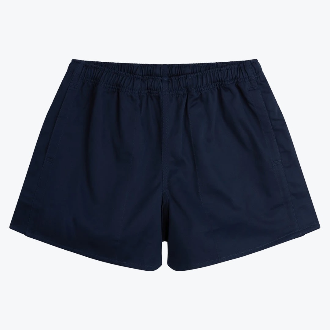 Navy Blue Athletic Shorts Dark navy blue athletic shorts with an elastic waistband on a white background.