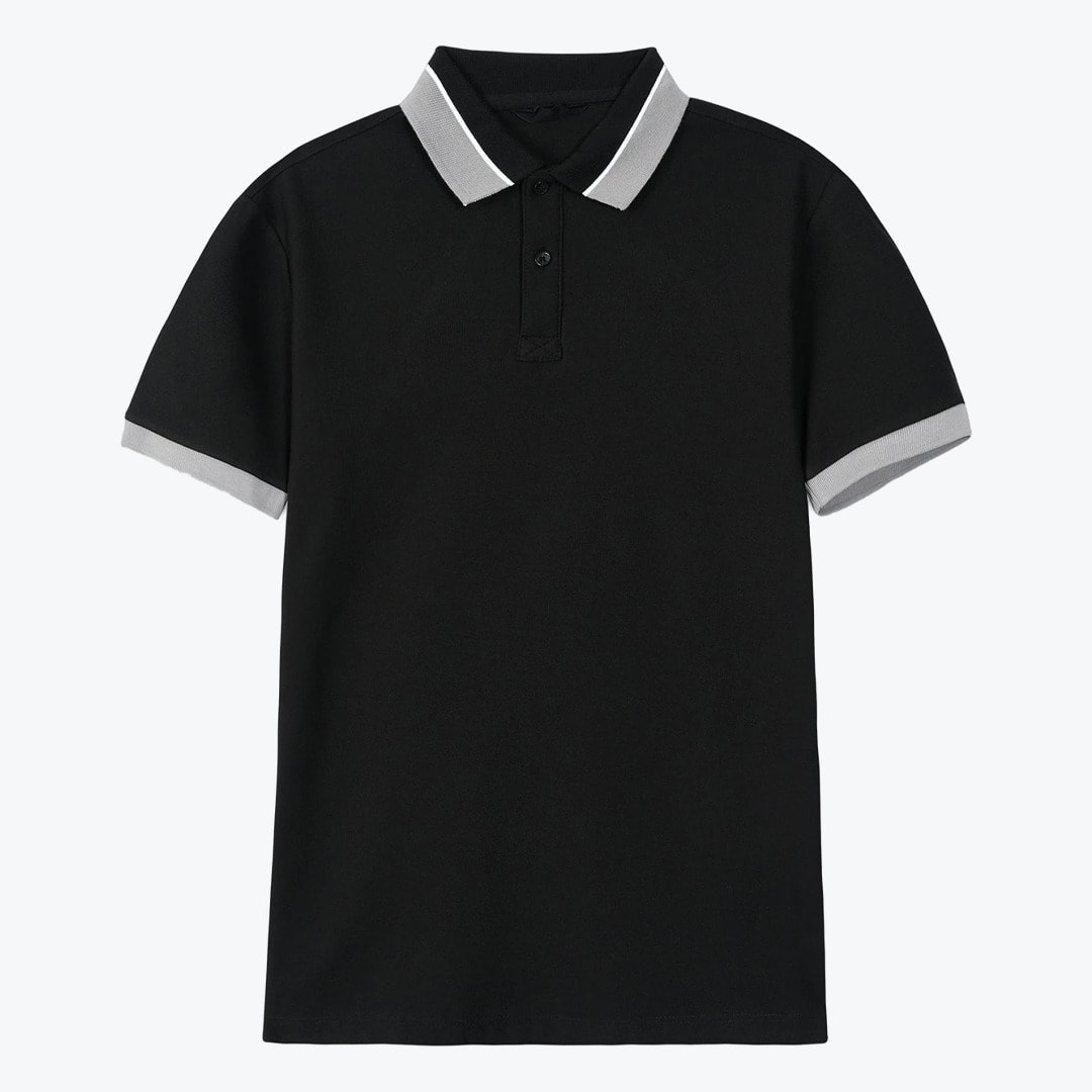 Black Polo Shirt with Grey Trim A black short-sleeved polo shirt with grey and white tipped collar and grey cuffs, displayed flat against a white background.
