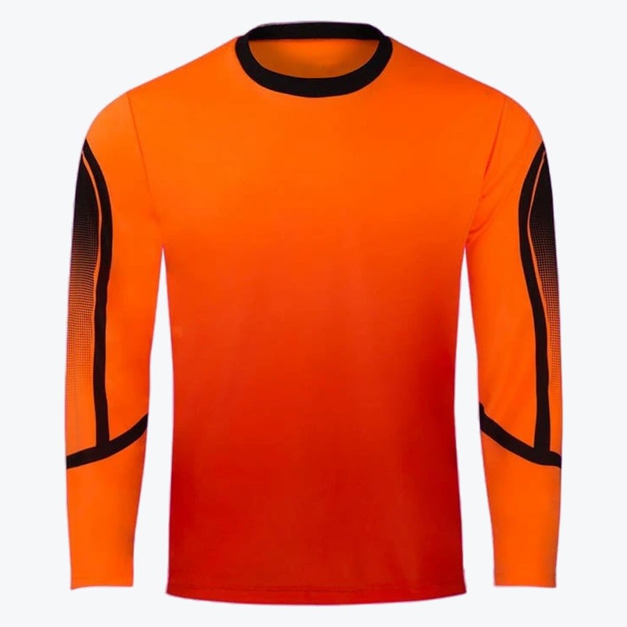 Orange and Black Long-Sleeve Athletic Shirt A vibrant orange long-sleeve athletic shirt with black accents on the sleeves and collar, isolated on a white background.