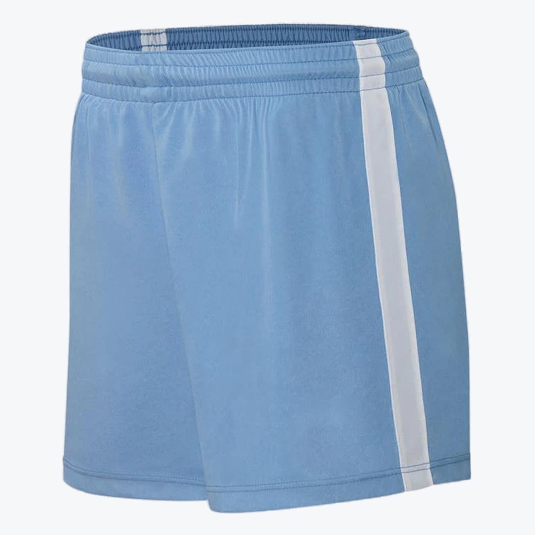 Light Blue Athletic Shorts with White Stripe A pair of light blue athletic shorts with an elastic waistband and a single white vertical stripe on the side, set against a plain white background.