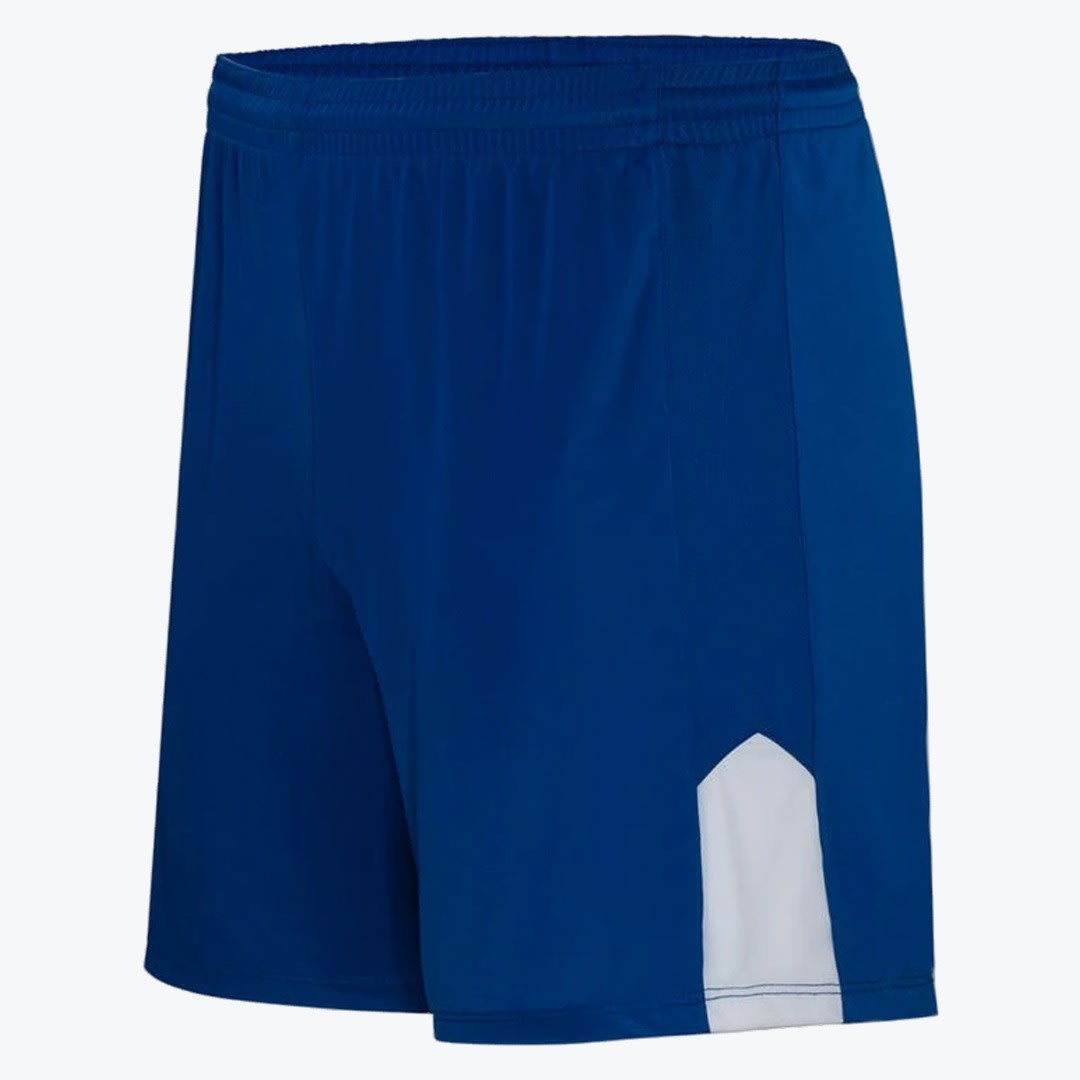 Blue Athletic Shorts with White Accent A pair of royal blue athletic shorts with an elastic waistband and a white pointed panel on the bottom left side, set against a white background.
