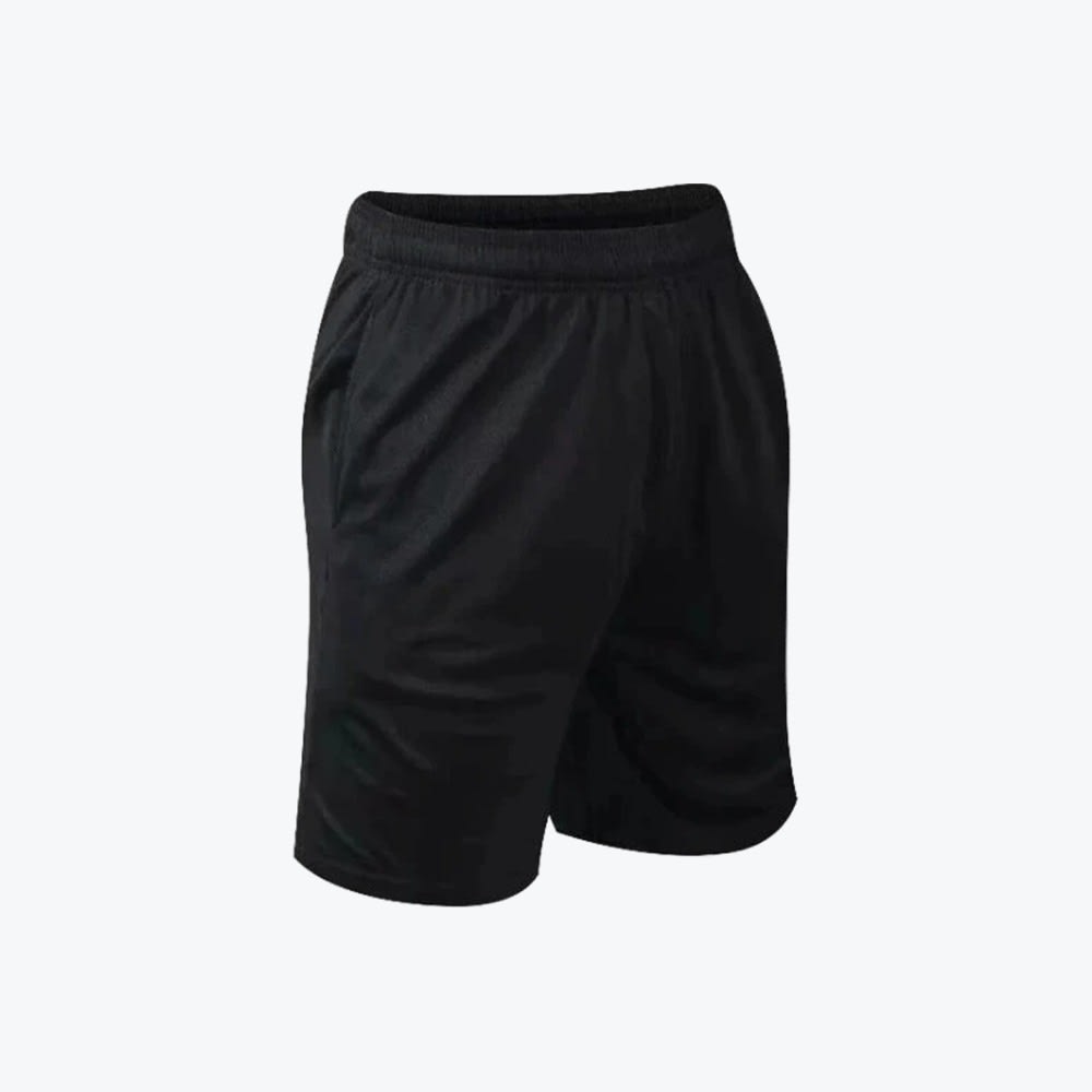 Mens Black Athletic Shorts A pair of plain black athletic shorts with an elastic waistband, shown against a white background.