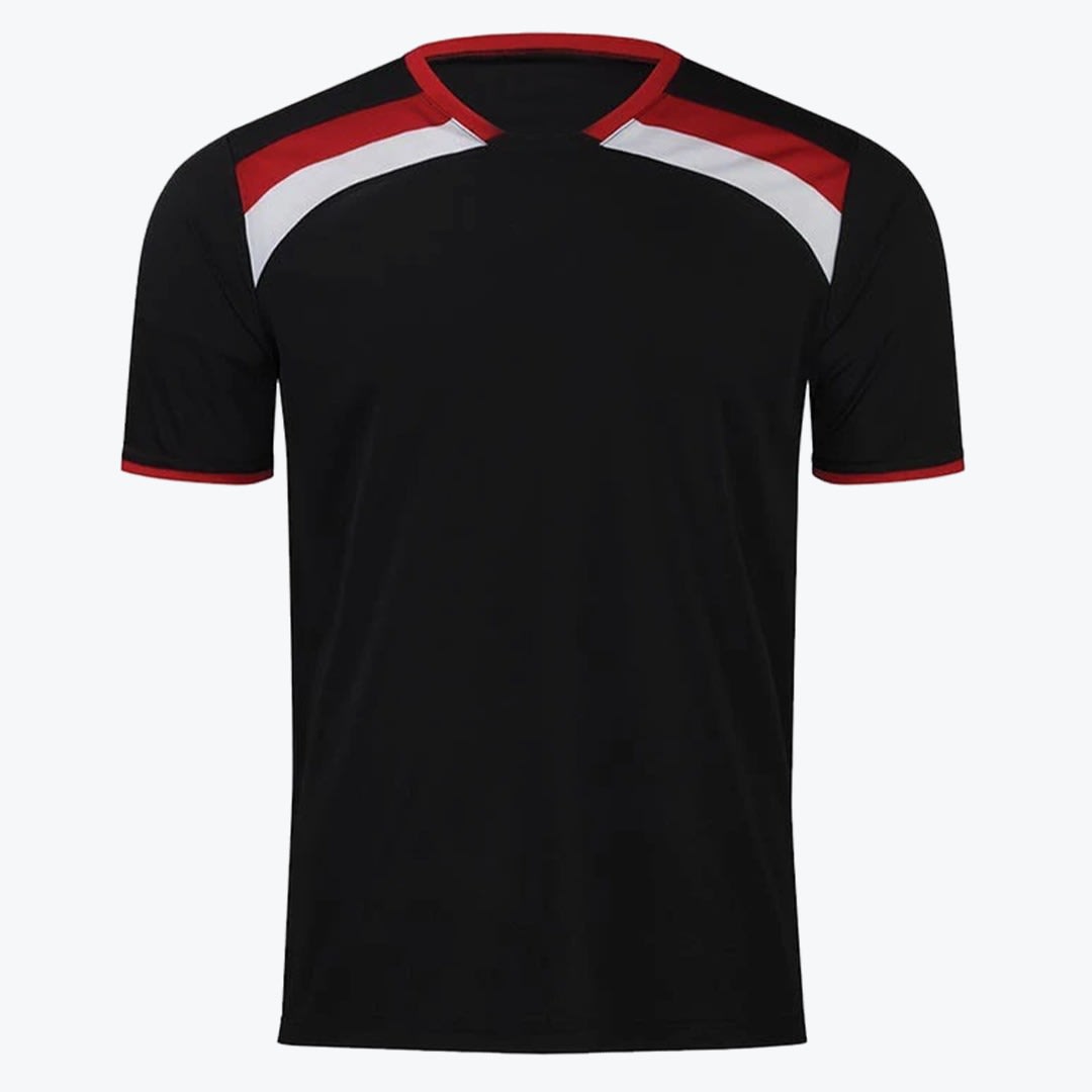 Black Athletic Jersey with Red and White Shoulder Accents A black short-sleeved sports t-shirt with red and white diagonal stripes on the shoulders and red trim on the collar and sleeves, set against a white background.