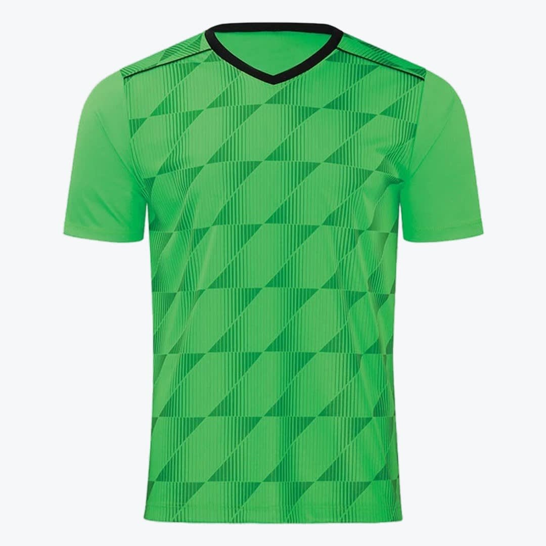 Green Athletic Jersey with Geometric Pattern A bright green short-sleeved sports jersey with a black V-neck collar and a geometric diagonal pattern on the front torso, isolated on a white background.