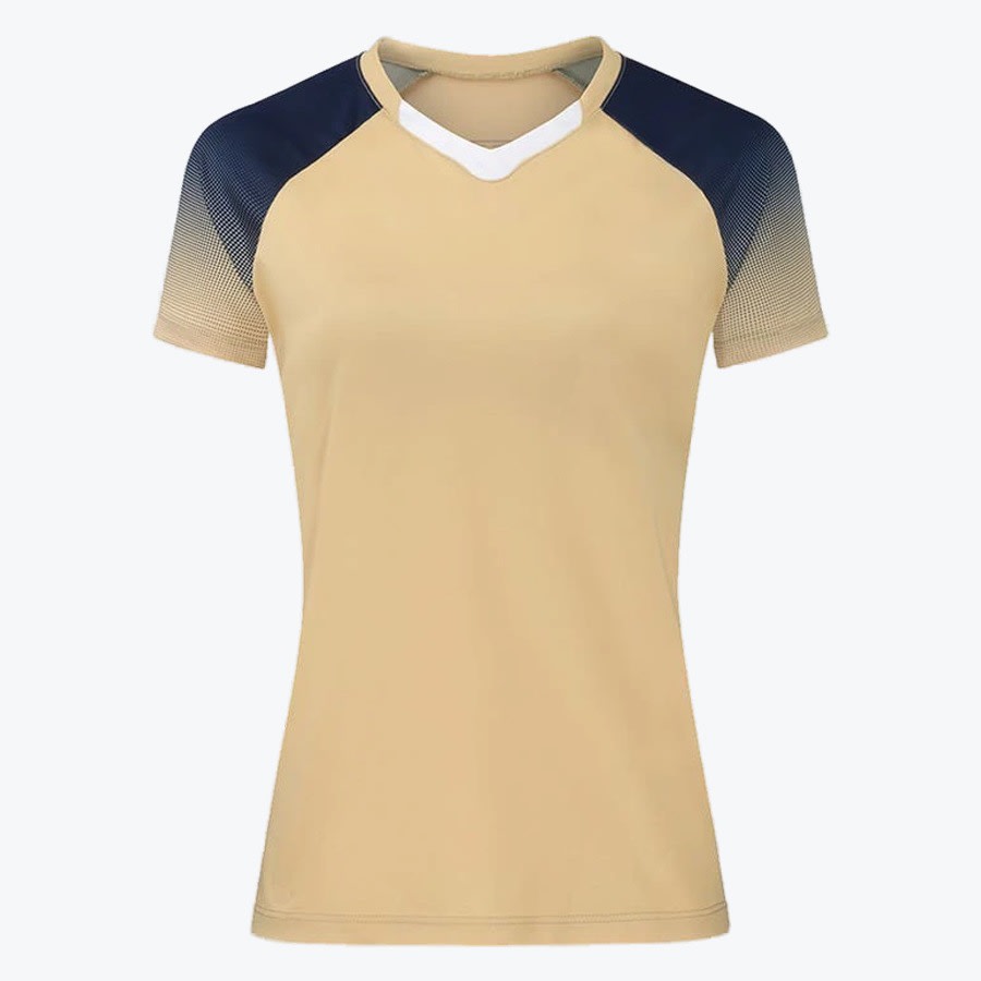 Gold and Navy Athletic V-Neck T-Shirt A gold short-sleeved athletic shirt with navy blue shoulders fading to gold on the sleeves, featuring a white V-neck trim.