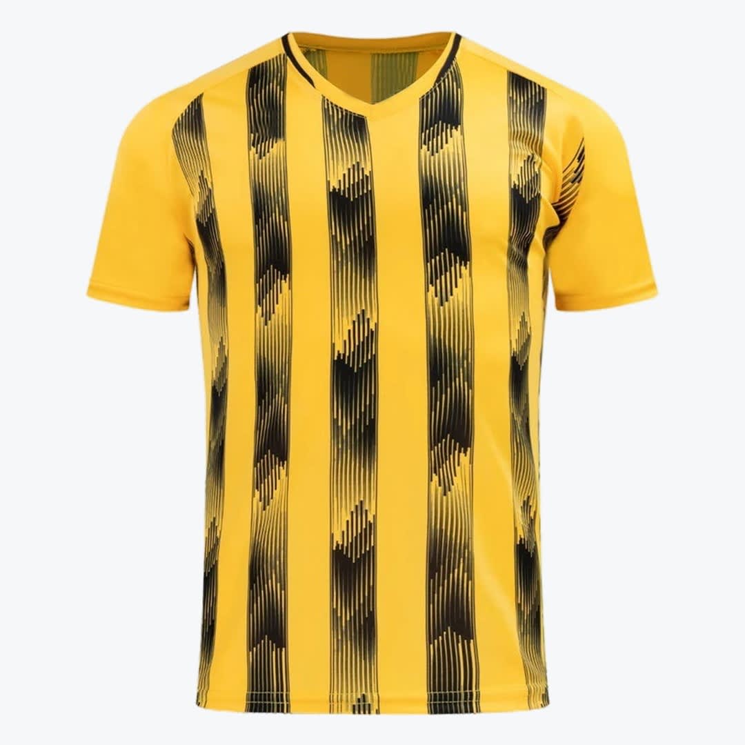 Yellow and Black Striped Soccer Jersey A yellow short-sleeved soccer jersey with vertical black textured stripes on a white background.