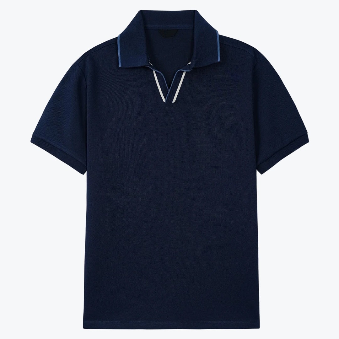 Mens Navy Blue V-Neck Polo Shirt with Trim A navy blue short-sleeved polo shirt with a buttonless V-neck collar featuring white and light blue trim, displayed flat against a white background.