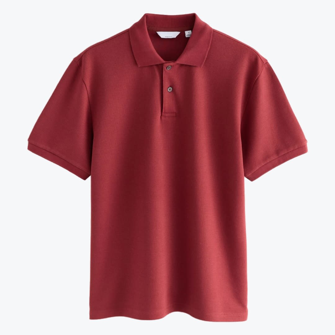 Mens Classic Red Polo Shirt A short-sleeve dark red polo shirt with a two-button collar, laid flat against a white background.