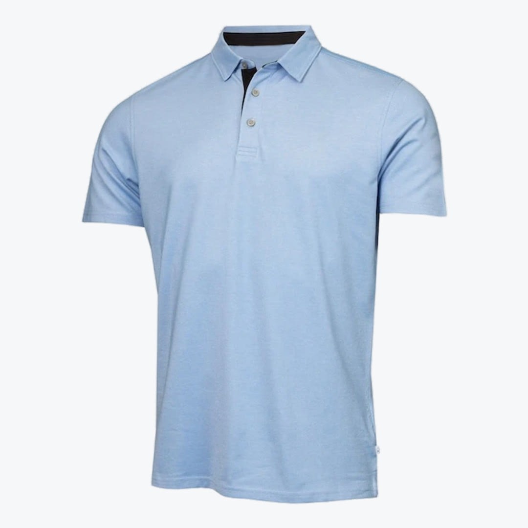Mens Light Blue Polo Shirt A light blue short-sleeved polo shirt with a two-button placket and dark inner collar, displayed on a white background.