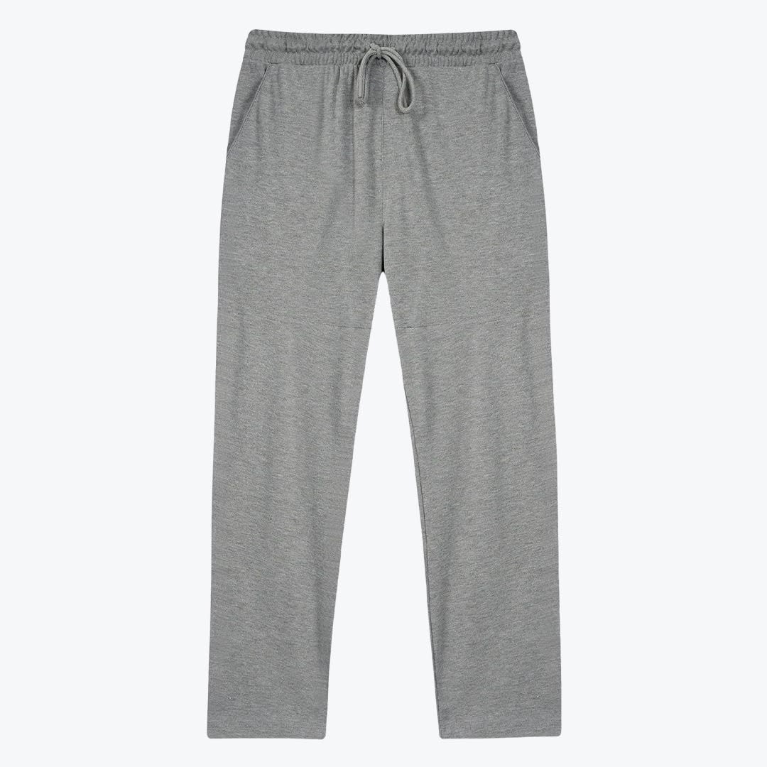 Grey Drawstring Lounge Pants A pair of light grey heathered lounge pants with a drawstring waist and straight legs on a white background.