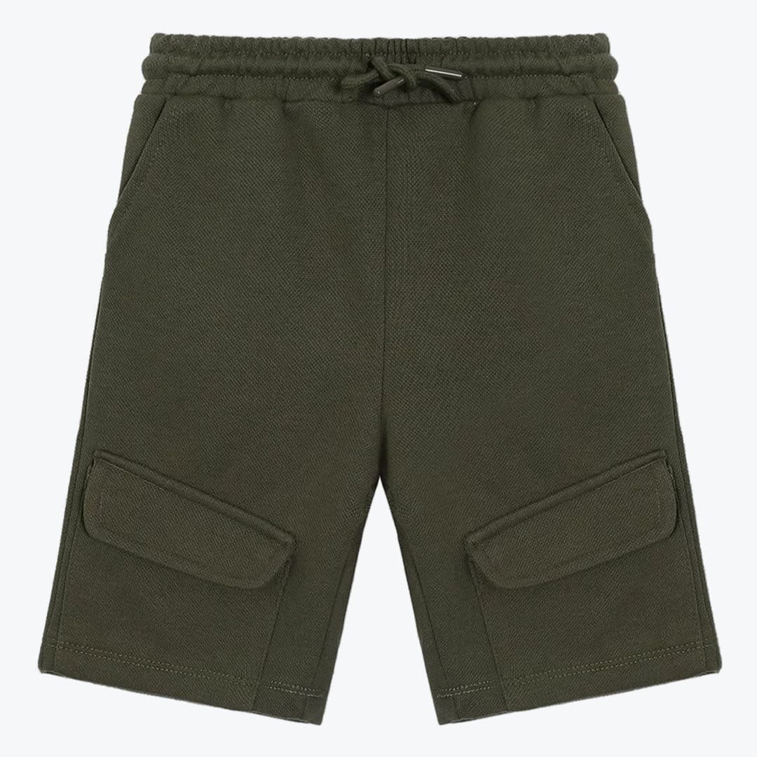 Olive Green Cargo Sweat Shorts A pair of dark olive green cargo shorts with an elastic drawstring waist and flap pockets on the lower front, displayed against a white background.