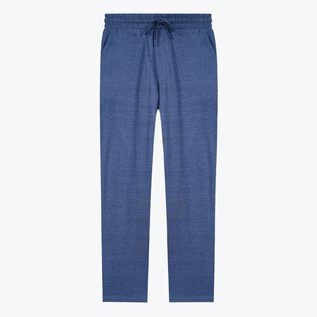 Mens Heathered Blue Lounge Pants Front view of a pair of heathered blue lounge pants with a drawstring waistband and straight legs on a white background.