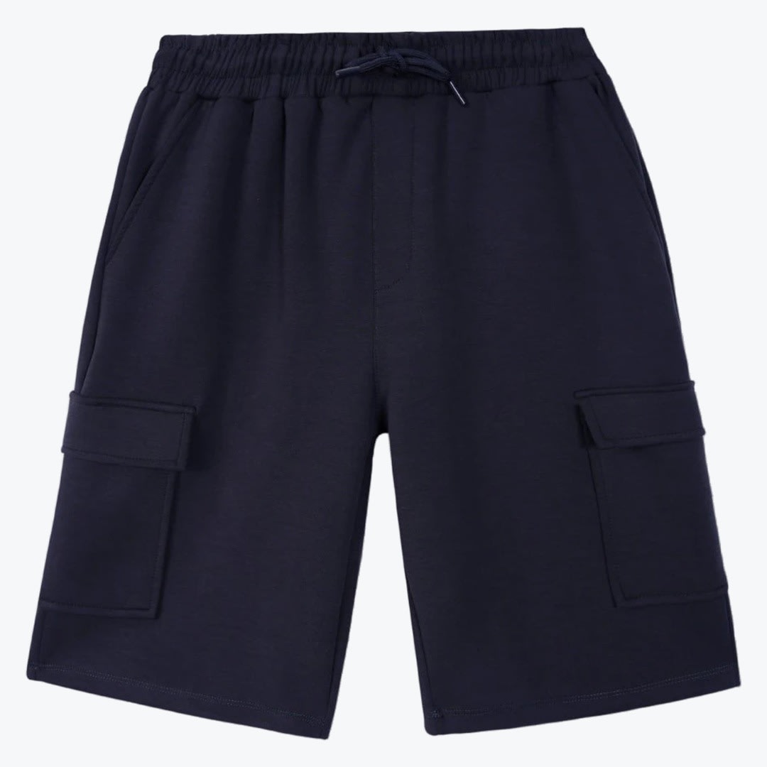 Mens Navy Blue Cargo Sweat Shorts A pair of navy blue cargo sweat shorts with an elastic drawstring waist and side cargo pockets, displayed flat against a white background.