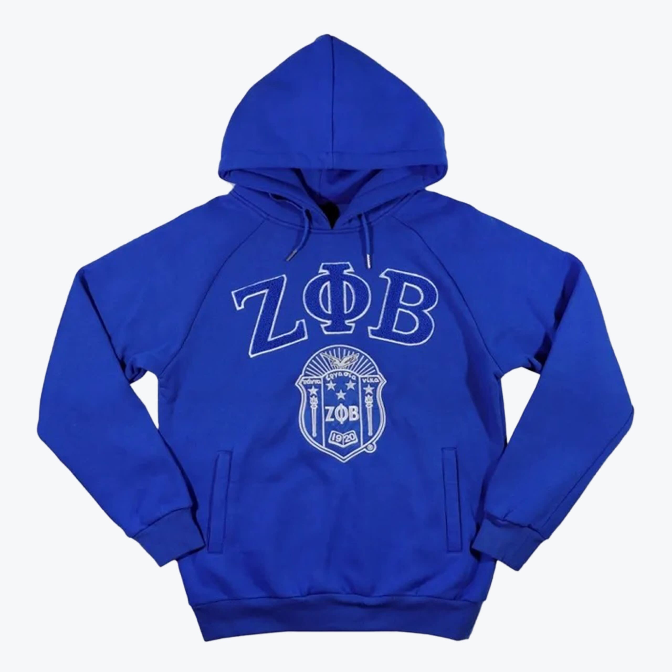 Zeta Phi Beta Royal Blue Hoodie A royal blue hoodie with the Greek letters ZΦB and the Zeta Phi Beta shield embroidered on the front in white.