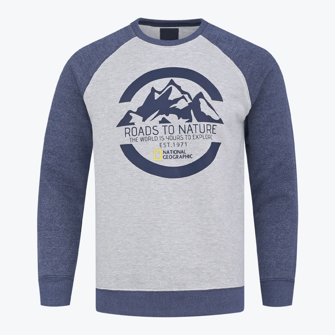 National Geographic Roads to Nature Raglan Sweatshirt A grey and blue raglan sweatshirt with a National Geographic Roads to Nature mountain graphic on the front.