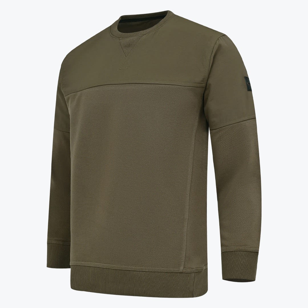 Olive Green Mixed-Material Crewneck Sweatshirt An olive green crewneck sweatshirt with a mixed-fabric design, featuring a smooth upper panel and a knit lower body, set against a white background.