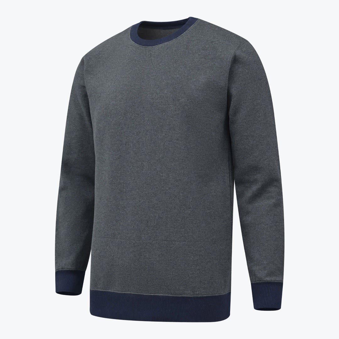 Mens Two-Tone Crewneck Sweatshirt in Grey and Navy A dark grey crewneck sweatshirt with dark navy blue cuffs, collar, and hem, shown against a solid white background.