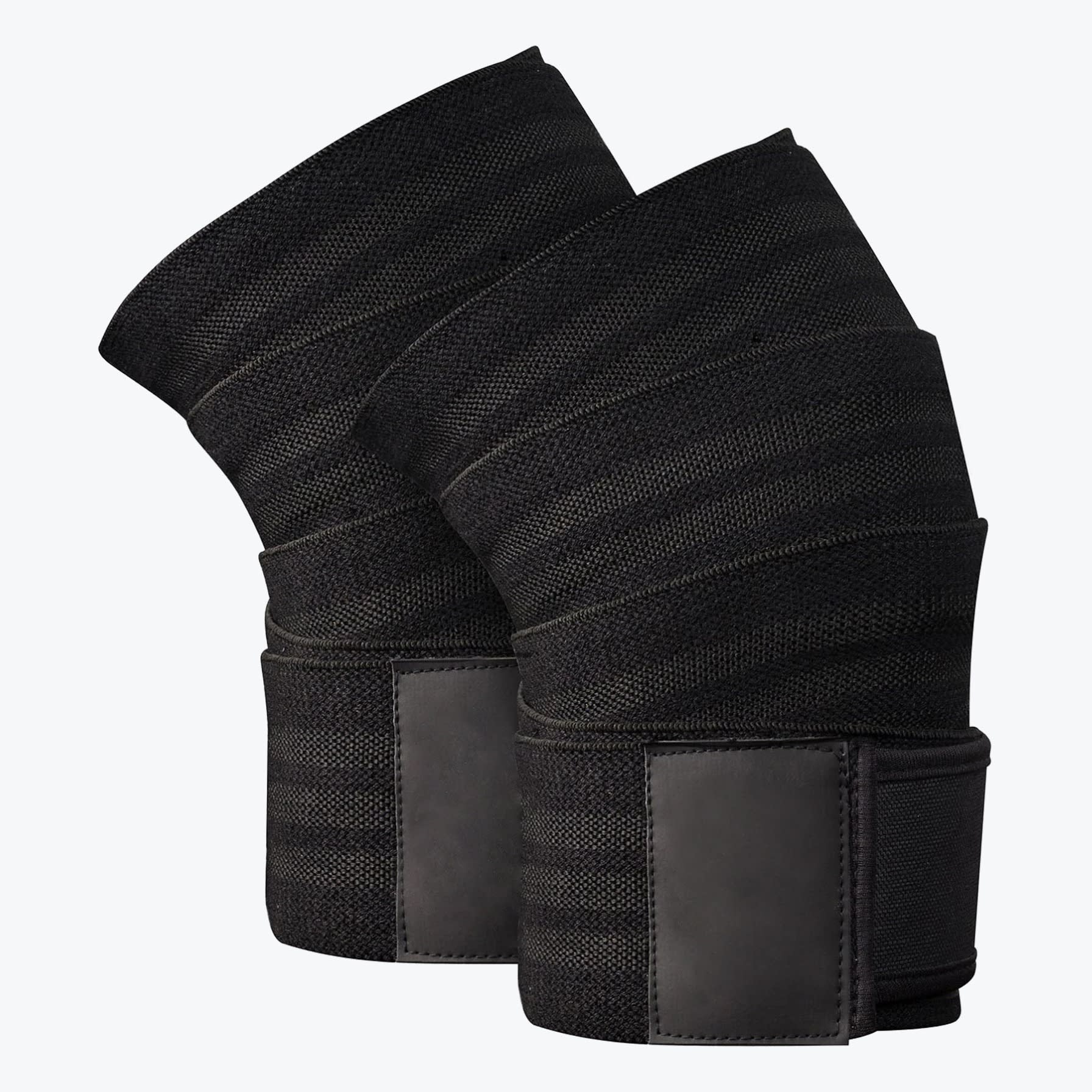 Black Elastic Knee Wraps for Weightlifting A pair of black elastic knee wraps with velcro fasteners, designed for weightlifting support, displayed on a white background.