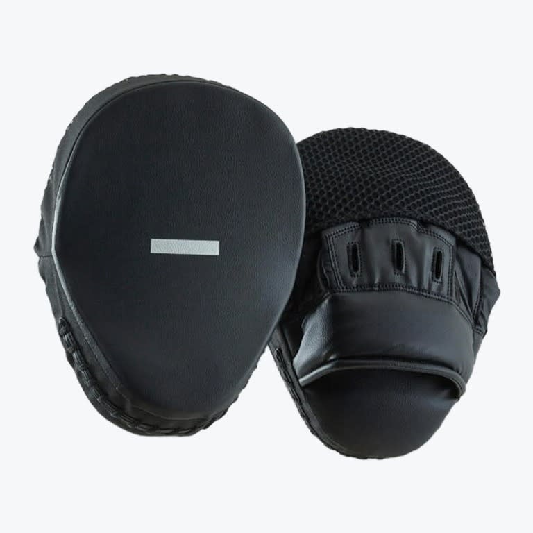 Black Boxing Focus Mitts A pair of black boxing focus mitts against a white background, displaying both the front striking target and the back hand-grip side.