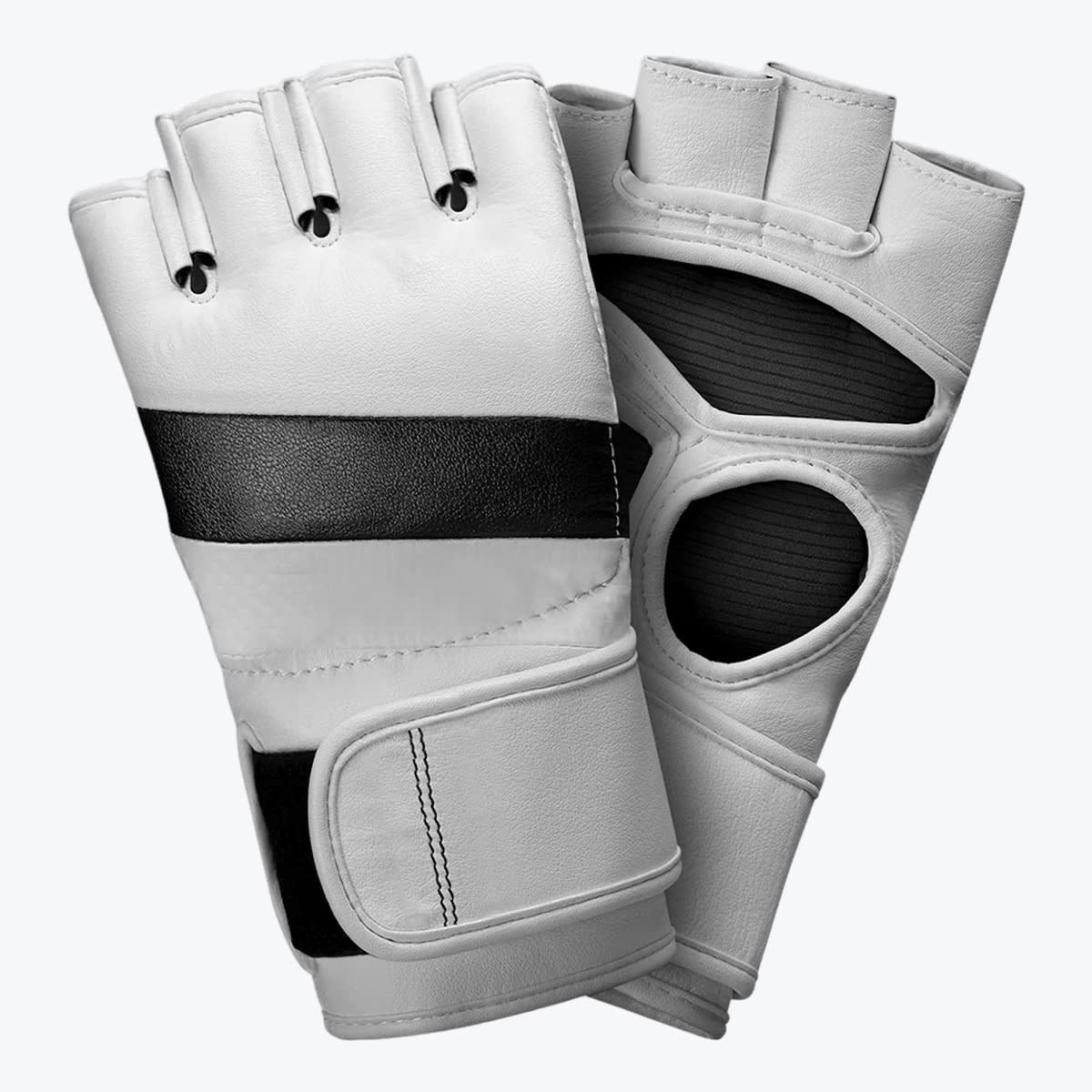 White and Black Fingerless MMA Gloves A pair of white leather fingerless MMA gloves with black accents, showing both the front and back views against a plain white background.