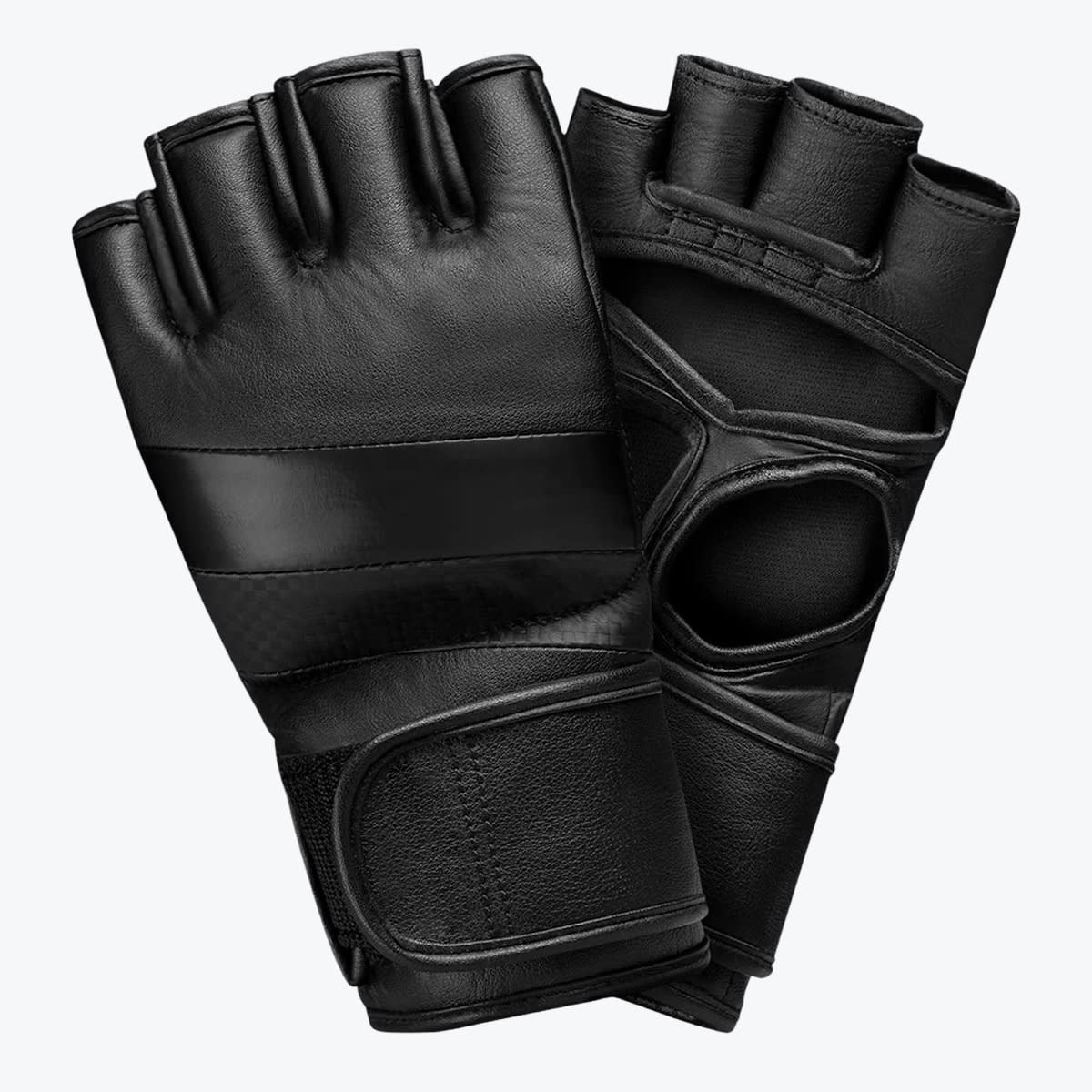 Black Leather Fingerless MMA Gloves A pair of black leather fingerless MMA gloves shown against a plain white background, displaying both the back and palm sides.