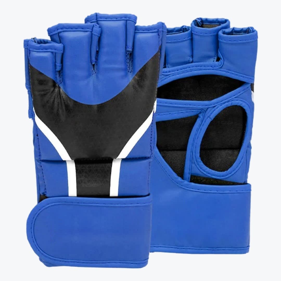 Blue and Black MMA Grappling Gloves A pair of blue and black fingerless MMA grappling gloves shown from the front and back against a white background.