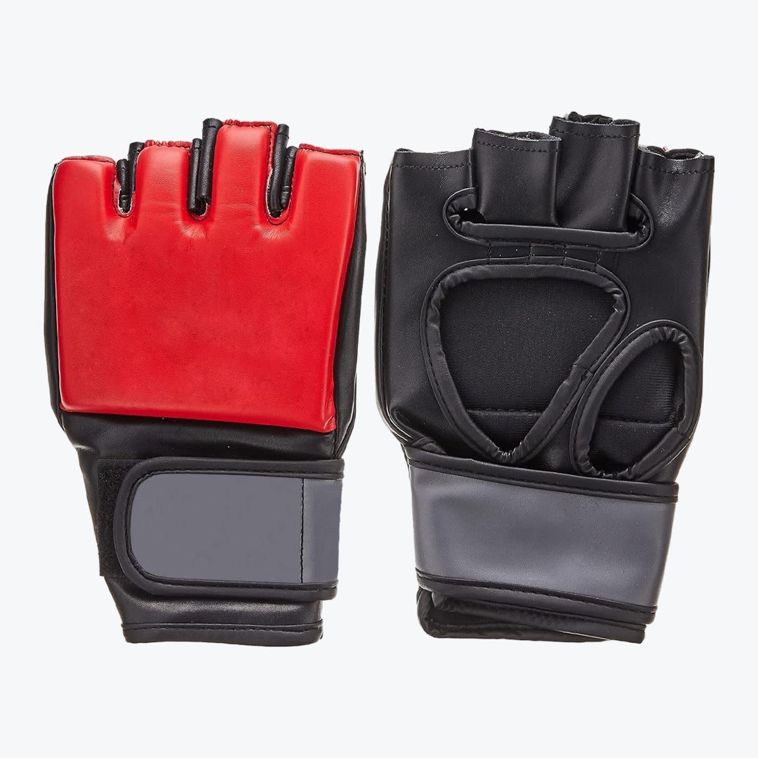 Red and Black MMA Sparring Gloves A pair of fingerless MMA gloves, one showing the padded red back and the other showing the open black palm, set against a plain white background.
