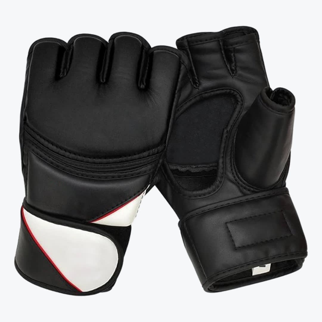 A pair of black leather MMA gloves, one showing the padded back with a white and red wrist strap, and the other showing the open palm side, set against a plain white background.