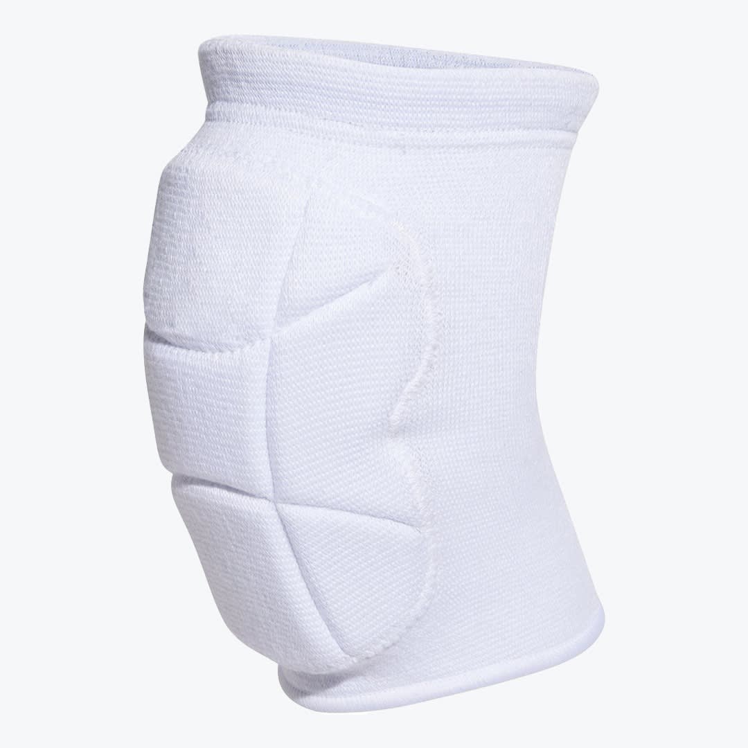 White Sports Knee Pad Sleeve A white elastic knee pad sleeve with segmented protective padding on the front, shown against a plain white background.