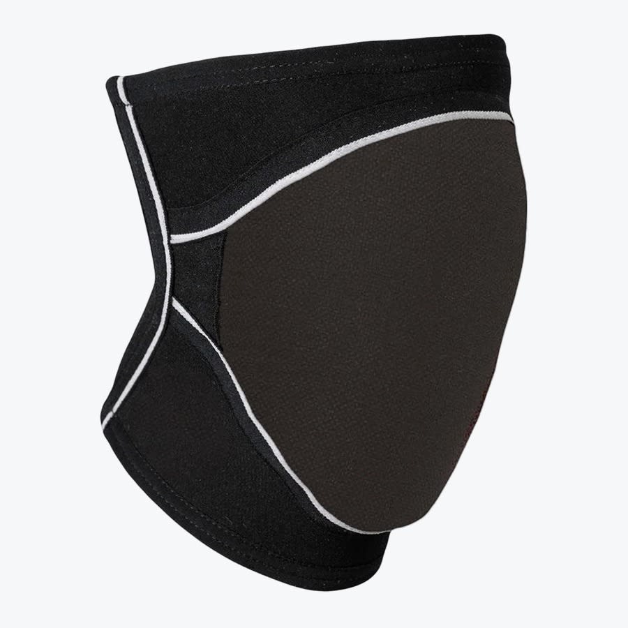Black Sports Knee Pad with White Piping A close-up product shot of a black knee pad with white piping detail, shown from a side angle against a plain white background.
