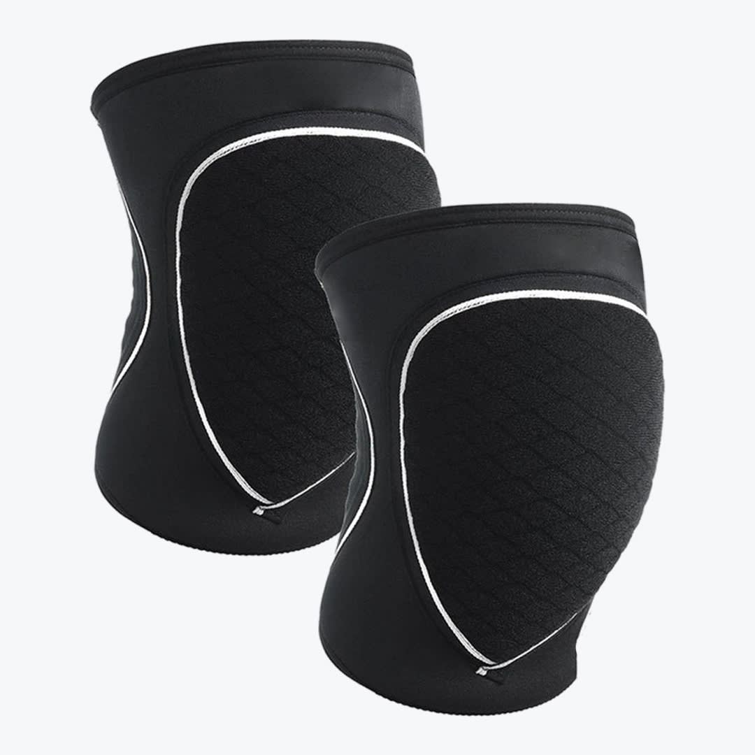 Pair of Black Padded Knee Sleeves A pair of black padded knee sleeves with a textured front pad outlined in white, shown against a plain white background.