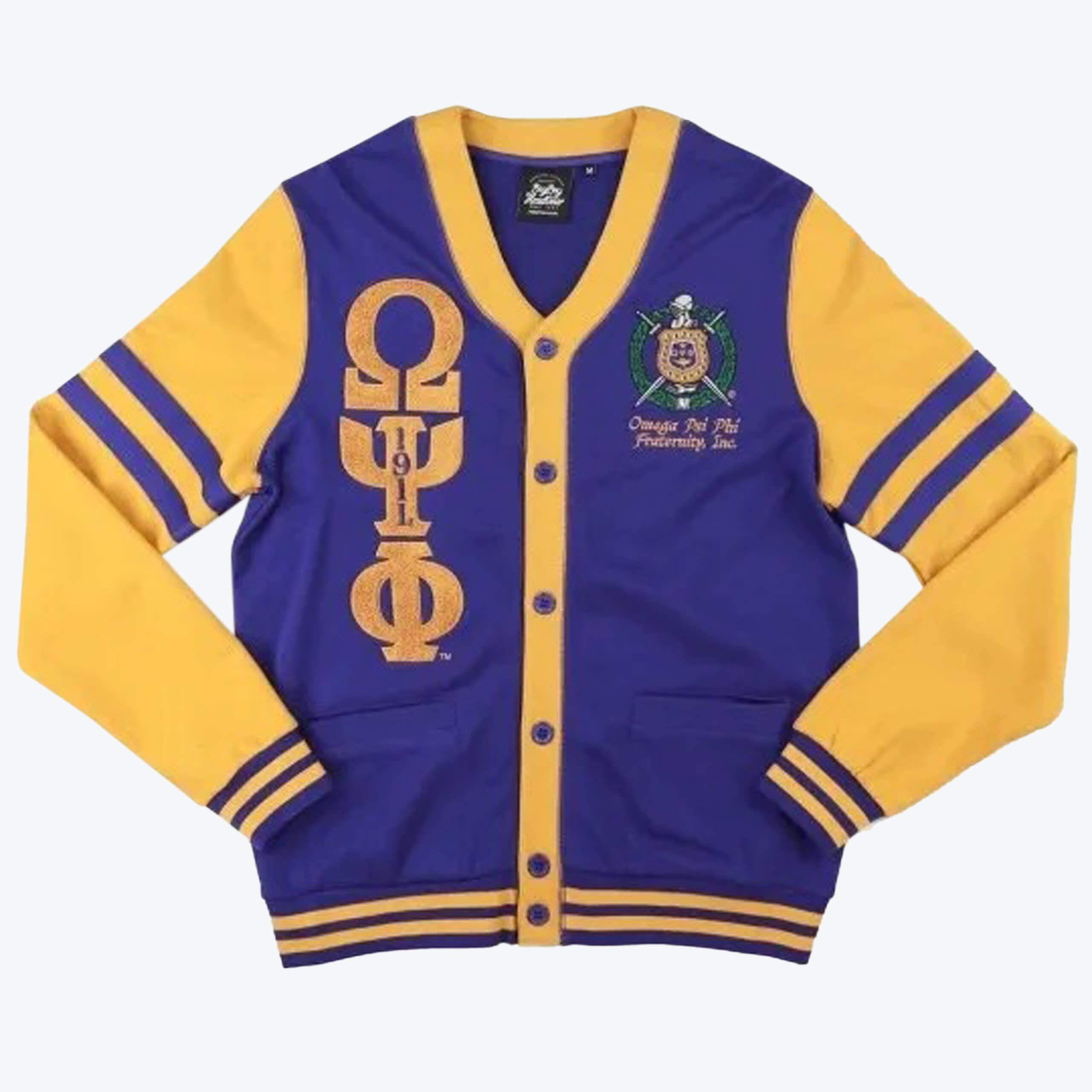 Omega Psi Phi Fraternity Cardigan Jacket A purple and gold button-up cardigan jacket with Omega Psi Phi Greek letters on the right and the fraternity crest on the left.