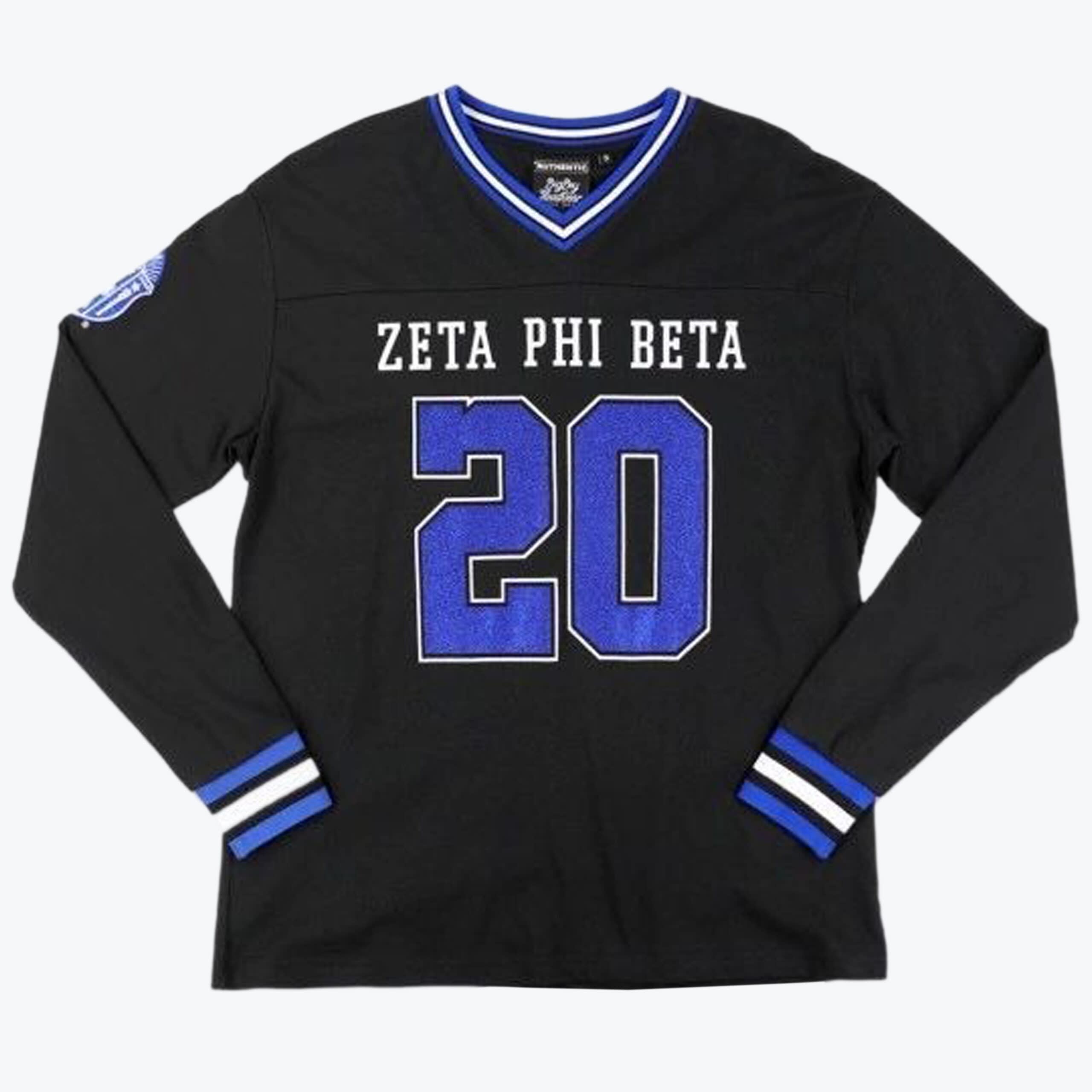 Zeta Phi Beta Black Long-Sleeve Jersey with Number 20 A black long sleeve jersey shirt with ZETA PHI BETA and the number 20 in blue on the front featuring a blue and white striped collar and cuffs.
