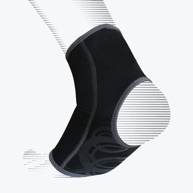 Black Ankle Support Sleeve A black neoprene ankle support sleeve with grey trim, shown on a stylized foot outline against a plain white background.