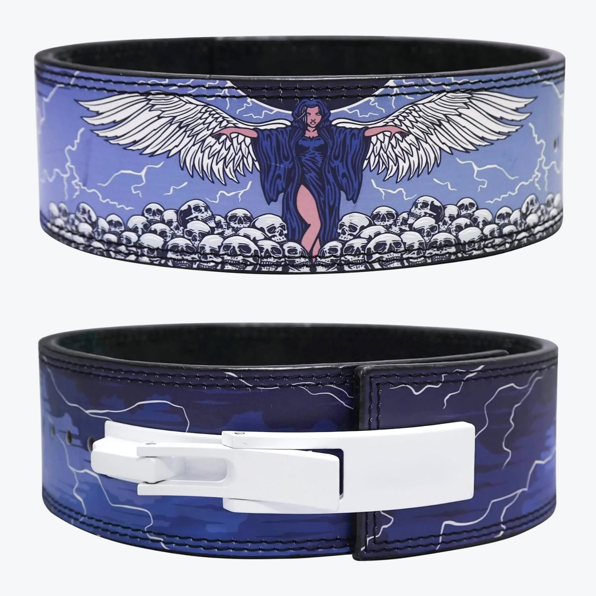 Gothic Angel and Skulls Custom Lever Weightlifting Belt Two views of a custom weightlifting belt: the top showing a back design of a winged angel over skulls with lightning, and the bottom showing a white lever buckle on a dark blue lightning background.