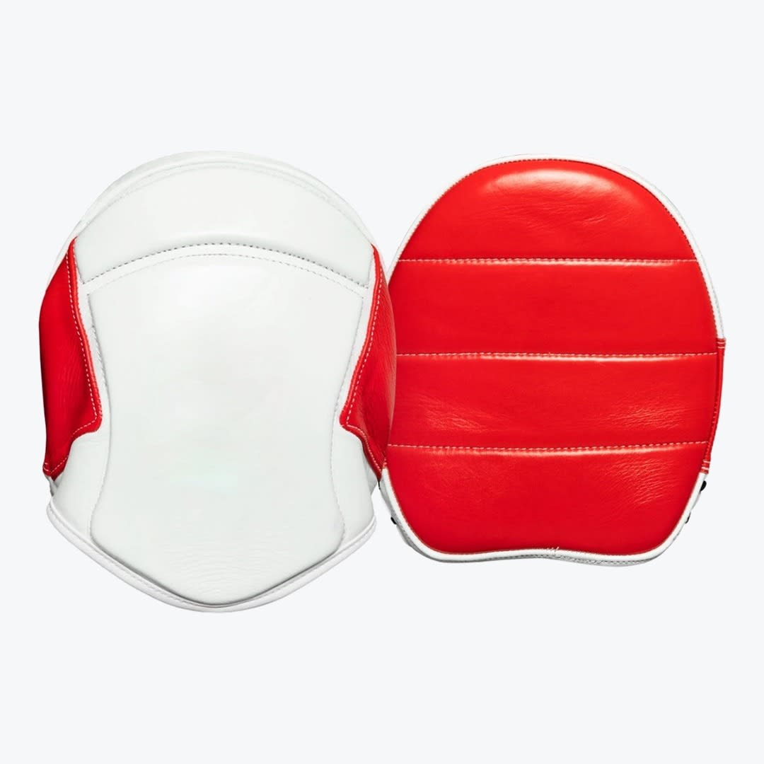 Red and White Leather Boxing Focus Mitts A pair of red and white leather boxing focus mitts, one showing the back hand compartment and the other showing the front striking surface, set against a plain white background.